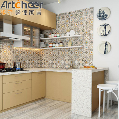 Beli High End Mobile Design U Shape Kitchen Cabinet dengan Marmer Stone Top dan Gloss Finish pembuatan online