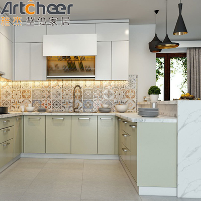 Beli Green Color Quartz Stone Top U Shape Kitchen Cabinet untuk Desain Dapur Bergaya Modern pembuatan online