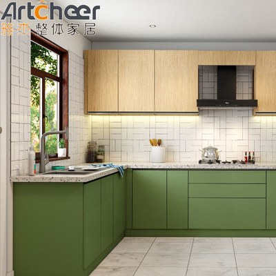 Beli Custom U Shape Kitchen Cabinet Warna Hijau L Shape Base Cabinet Set Dengan Marmer Stone Top pembuatan online