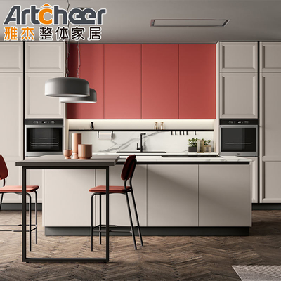 Beli Lemari Dapur Pink Bergaya Modern dengan Panel ENF dan Meja Pulau Kecil Diimpor pembuatan online