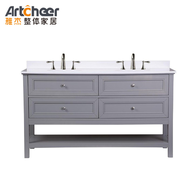 Beli Kaki Kayu Padat Lemari Vanity Kamar Mandi dengan wastafel ganda dan 4 laci dalam desain modern pembuatan online
