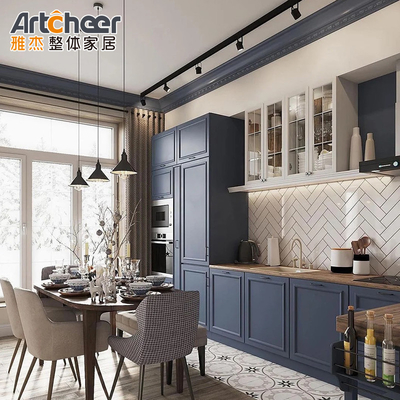 Kabinet Dapur Modular Set Dengan Genggam Emas Dan Desain Bagian Biru Gelap Dalam Bahan Lapisan