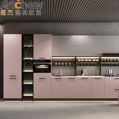 Pintu Tanpa Tangan Lembut Tutup L Bentuk Lemari Dapur Dengan Permukaan Padat Countertop Desain Modern