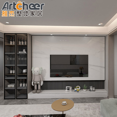 Ukuran yang disesuaikan Desain modern 85 Inch Unit TV Stand Dinding Kayu untuk furnitur ruang tamu
